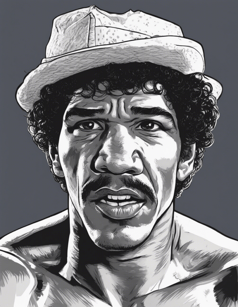 Salvador Sanchez black and white portrait, wearing classic white hat, comic illustration