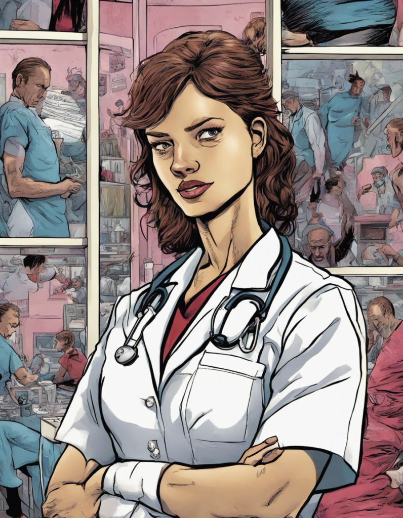 women doctor portrait, patients in the background