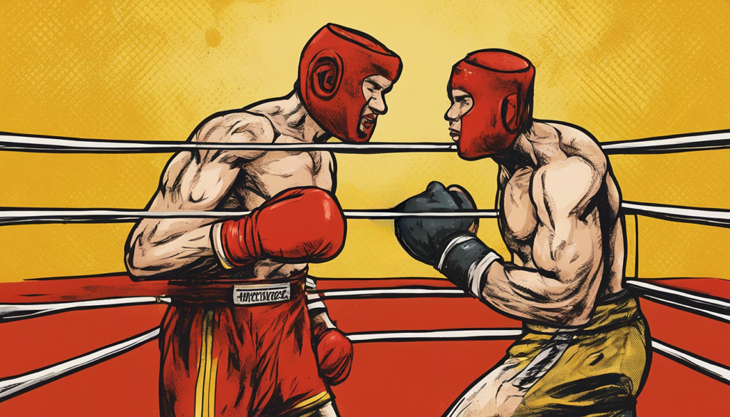two boxers in a boxing ring sparring, red and yellow themed comic illustration