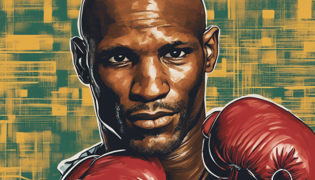 Bernard Hopkins yellow and blue themed portrait, wearing red gloves, comic illustration