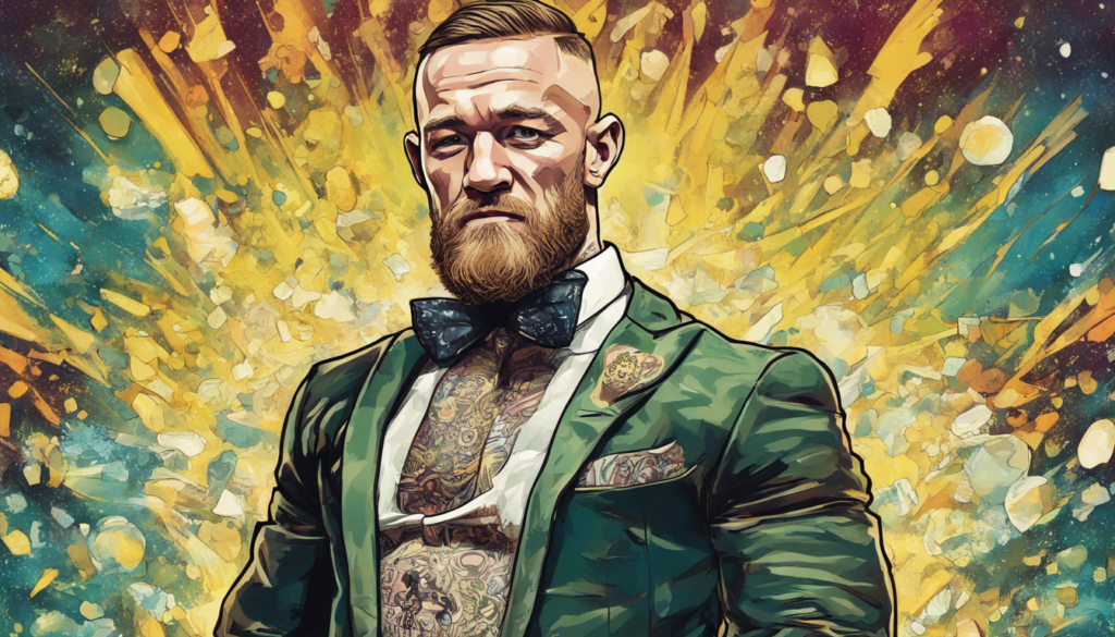 Conor McGregor's wearing green suit, shiny background, comic illustration