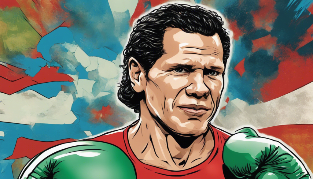 Julio Cesar Chavez blue and red background, wearing green gloves