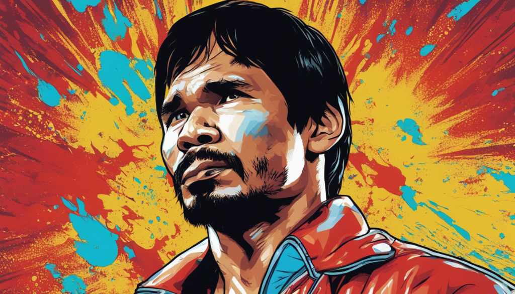 Manny Pacquiao red orange and blue portrait, comic illustration