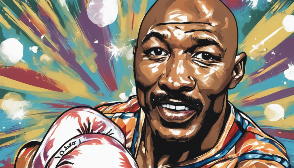 Marvin Hagler wearing red and white boxing gloves, shiny background, comic illustration