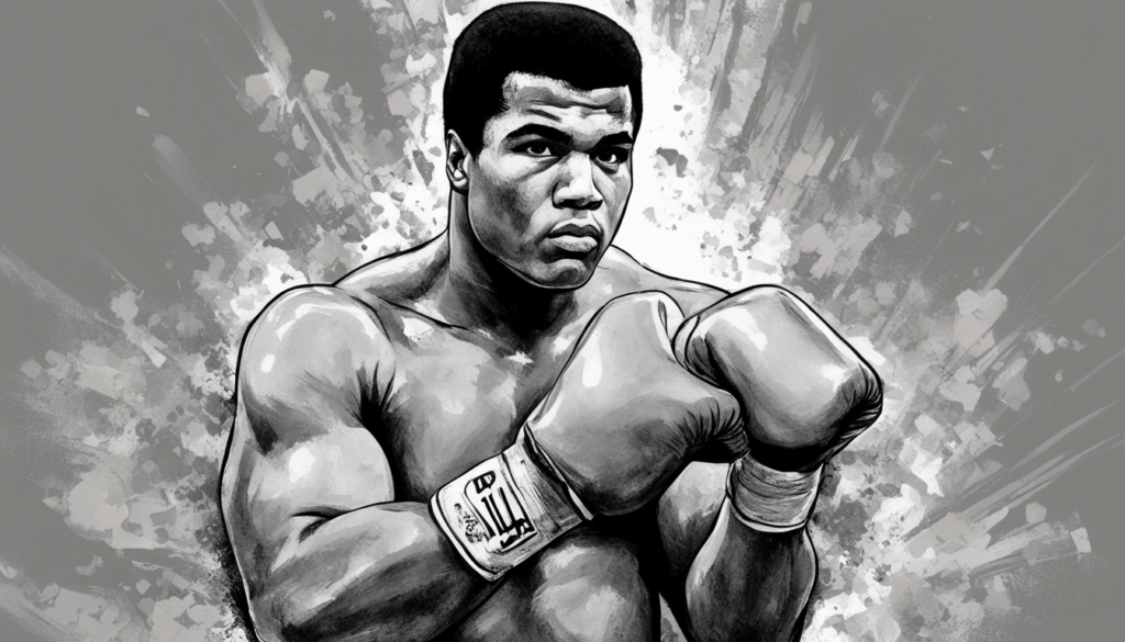 Muhammad Ali grey portrait, shiny background, wearing boxing gloves