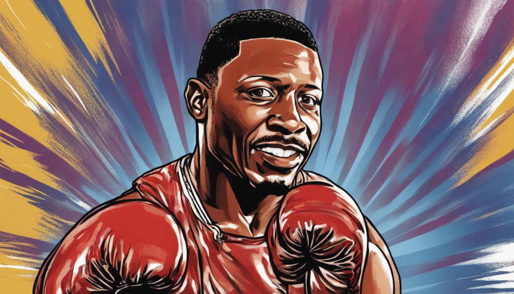 Pernell Whitaker wearing red gloves, blue purple and yellow background, comic illustration