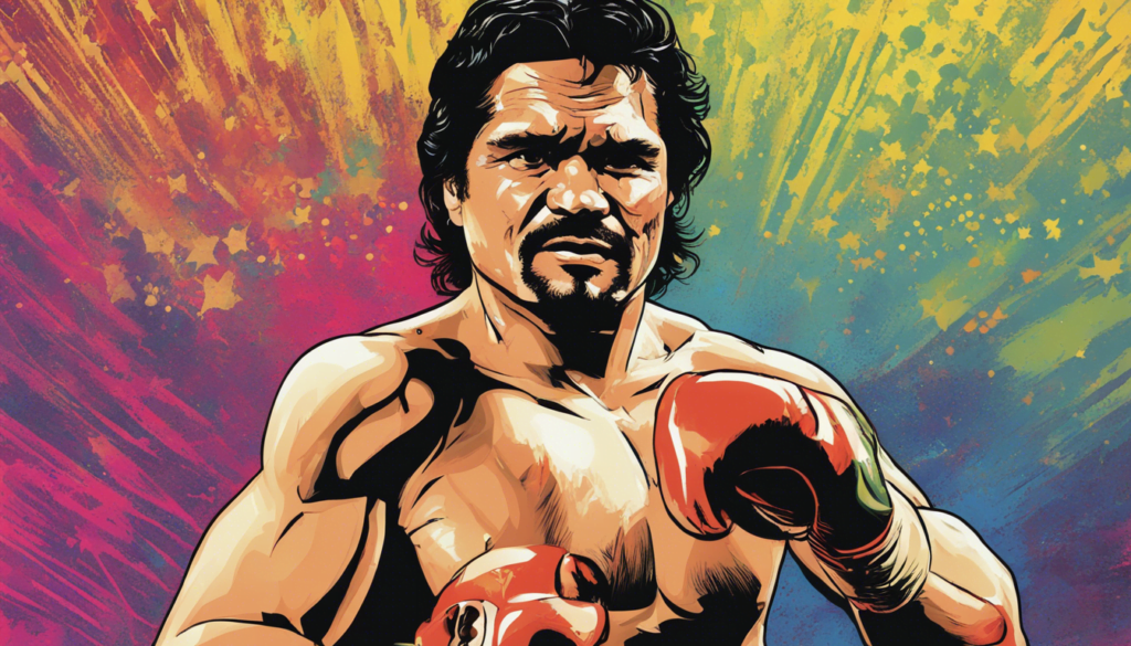 Roberto Duran red yellow and blue background, wearing red boxing gloves, comic illustration