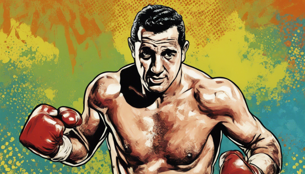 Rocky Marciano wearing wed boxing gloves, colorful background