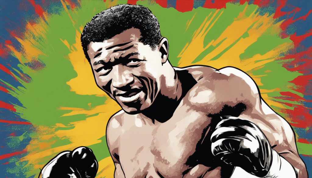 Sugar Ray Robinson green yellow red and blue background, comic illustration