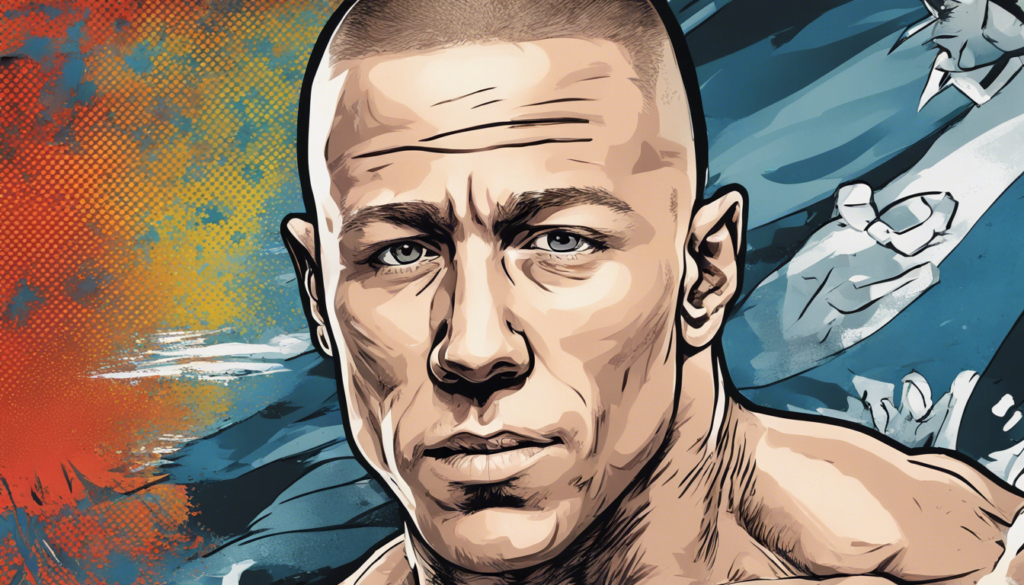 Georges St-Pierre comic illustrated portrait with flag waving in the background, blue and orange