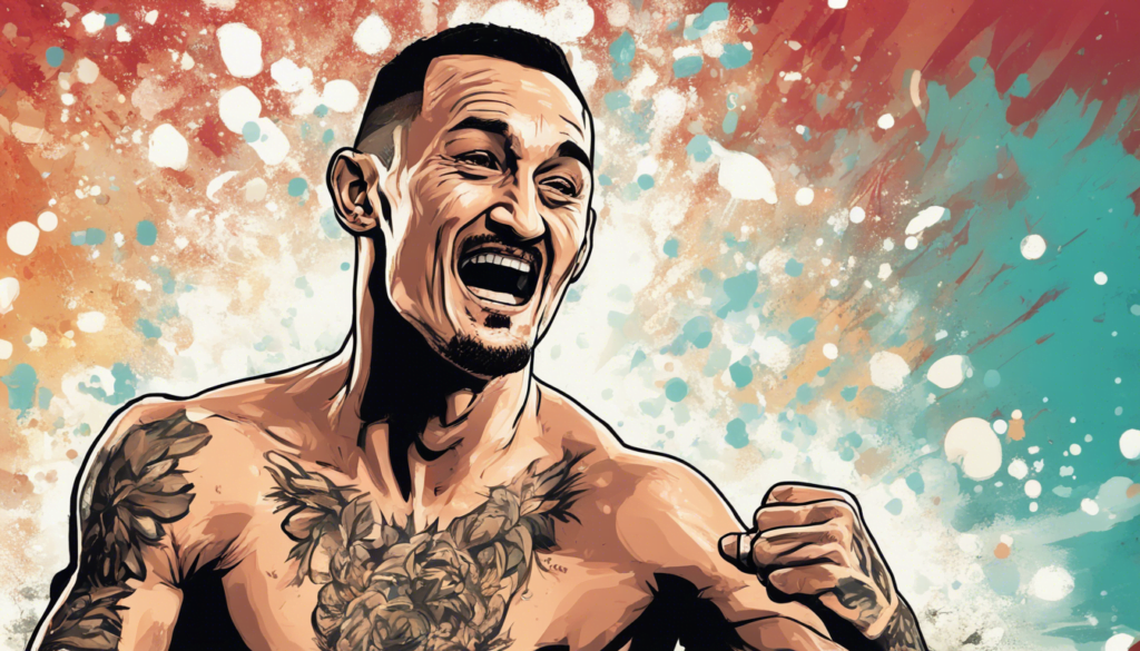 Max Holloway cyan red orange and white themed background, comic illustrated portrait