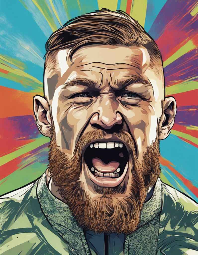 Conor McGregor shouting portrait, shiny background