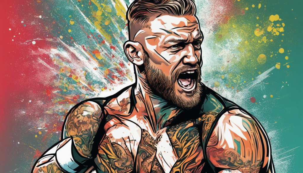 Conor McGregor cyan green red yellow and orange themed portrait, comic illustration
