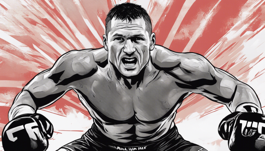Stipe Miocic red and grey themed comic illustration, wearing UFC gloves