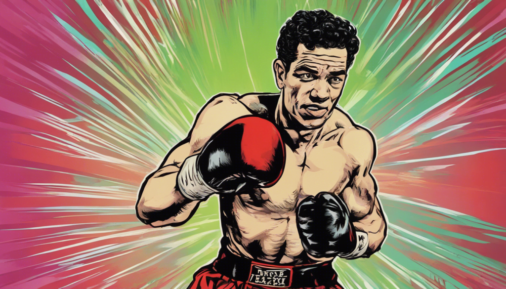 Willie Pep red and green background, wearing red and black boxing gloves, comic illustration