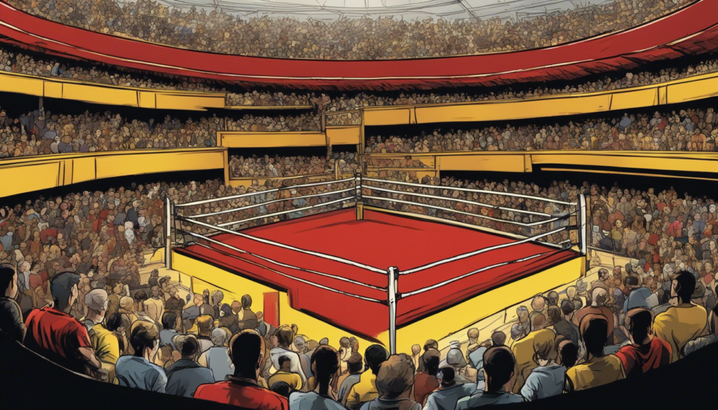 arena full of people, red and yellow color themed, boxing ring in the middle