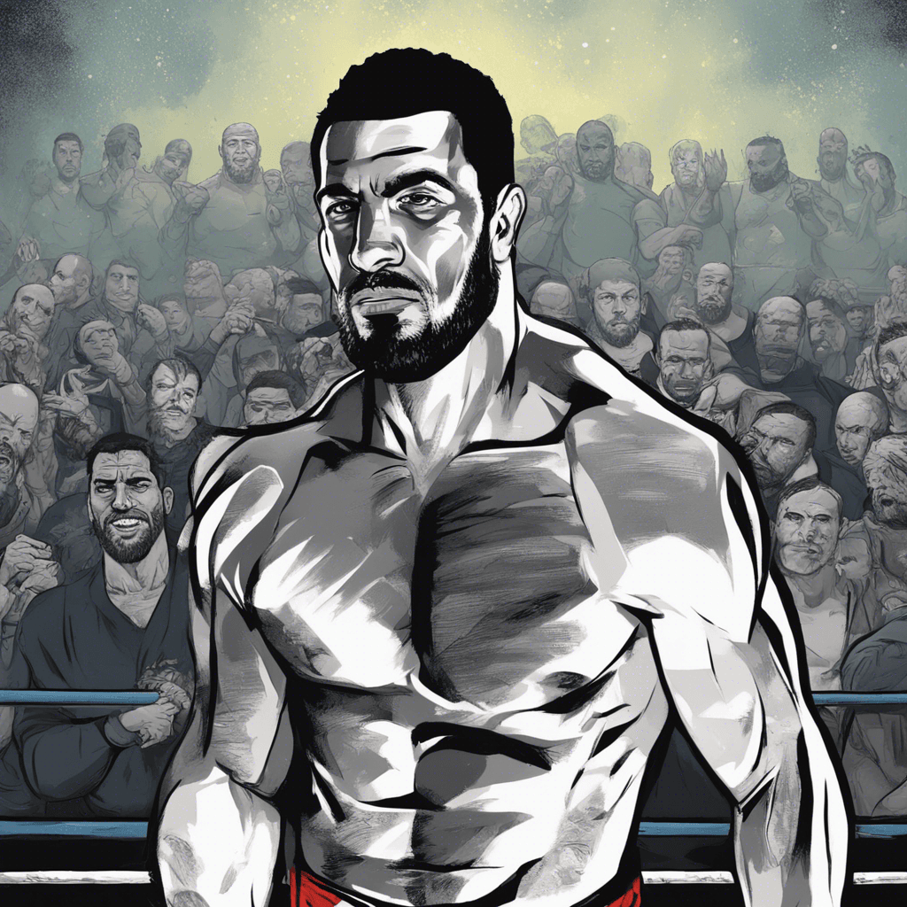 Amir Albazi's portrait, on the ring, people in the background