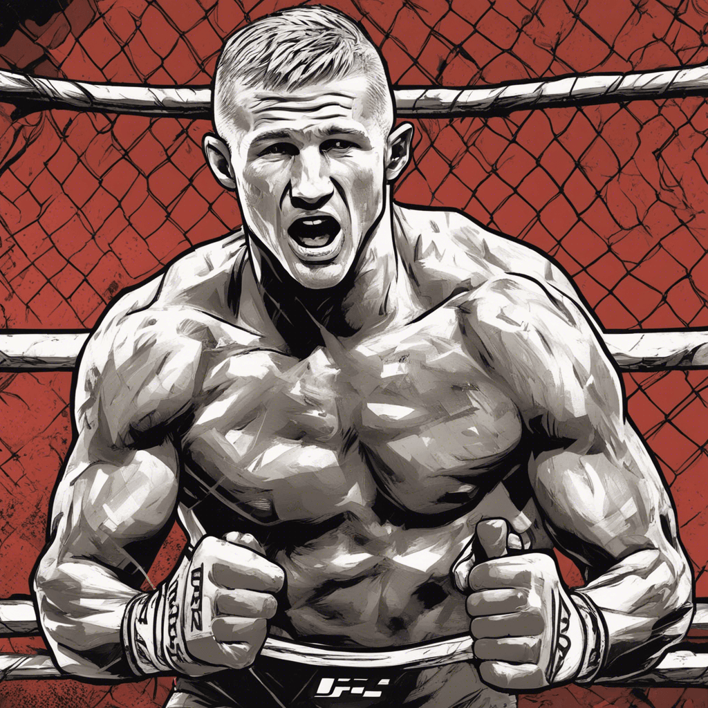 TJ Dillashaw in UFC cage winning after he won a fight, red background